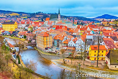 Cesky Krumlov historic center aerial view Stock Photo