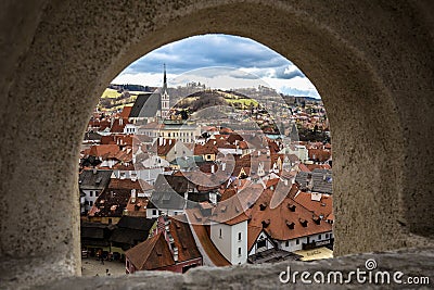 Cesky Krumlov, looking through an arrow hole Editorial Stock Photo