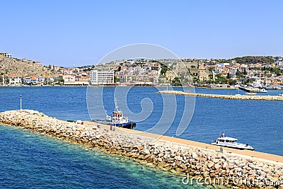 Cesme castle with marina area with piers in Cesme, Ä°zmir Editorial Stock Photo