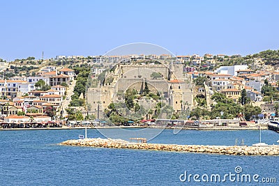 Cesme castle with marina area with small pier in Cesme, Ä°zmir Editorial Stock Photo