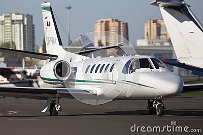 Cessna 550B Citation Bravo business aircraft running on the runway Editorial Stock Photo