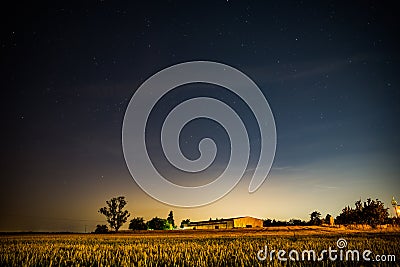 Cestlice, Czech republic - July 22, 2020. Building of shooting range in the field at night with comet C/2020 F3 Neowise above Editorial Stock Photo