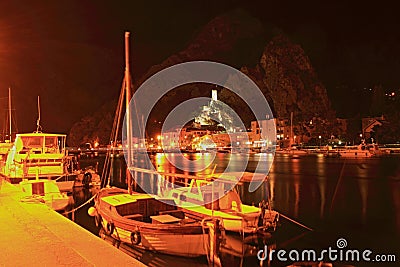 Cetina river and Fort Mirabela 2. Omis in Croatia at Night Stock Photo