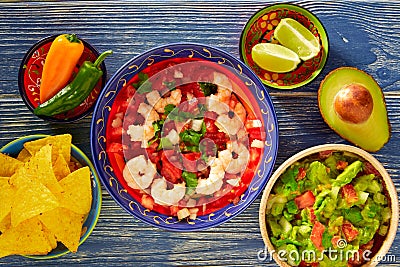 Ceviche Camaron shrimp nachos and guacamole Stock Photo