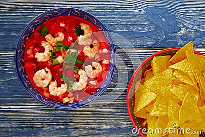 Ceviche de Camaron shrimp and mexican nachos Stock Photo