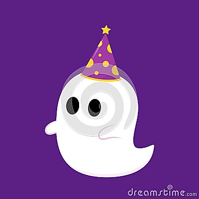 Cute ghost floating with Halloween pumpkin basket for Trick or Treat. Vector Illustration