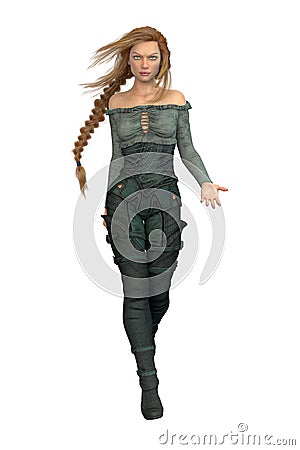 Full figure render of a beautiful huntress walking towards the camera Stock Photo