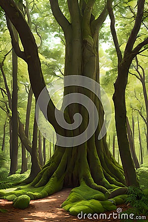 CG hyper realistic style giant tree in the forest created with generative AI technology Stock Photo
