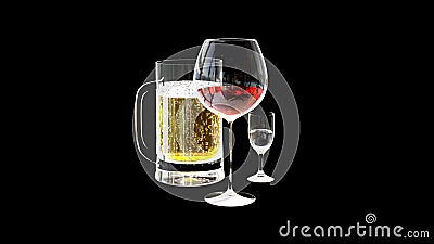 Cg industry 3d illustration, beer and alcohol renders isolated on black Cartoon Illustration