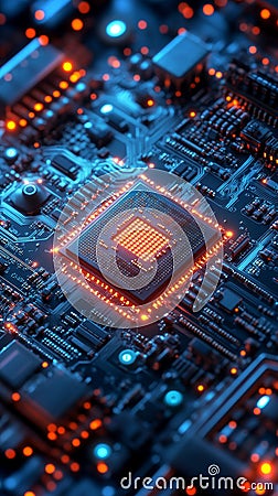CGI microchip disassembling vertically in a futuristic tech backdrop Stock Photo