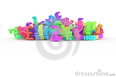 CGI typography, bunch of currency sign, money or profit for design texture, background. Colorful 3D rendering. Stock Photo