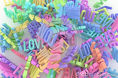 CGI typography, bunch of word love for design texture, background. Caption, colorful, message & web. Cartoon Illustration