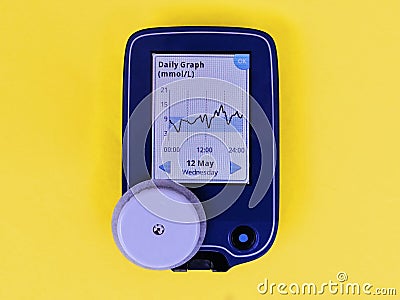 CGM Device for continuous glucose monitoring and white sensor. Daily graph on screen. Yellow background. Stock Photo