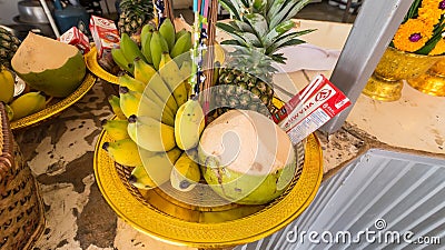 Chachoengsao, Thailand-June, 06, 2021: Fruits offering for Gods Ganesha or Ganesh at Wat Phrong-Akat Chachoengsao Thailand Editorial Stock Photo