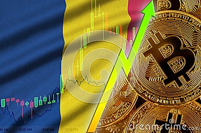 Chad flag and cryptocurrency growing trend with many golden bitcoins Stock Photo