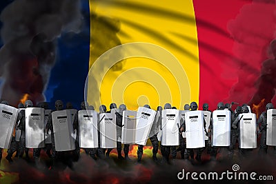 Chad police special forces in heavy smoke and fire protecting law against riot - protest fighting concept, military 3D Stock Photo