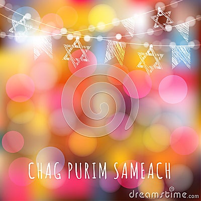 Chag Purim greeting card with garland of lights and jewish stars, jewish holiday concept, Vector Illustration