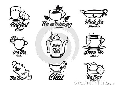 Chai, Tea set with lettering, black and white collection. Black , green , natural tea ceremony. Kettles. Vector illustration Cartoon Illustration