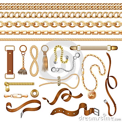 Chain and belt elements. Golden braid leather strap and furniture, fashion ornamental elements. Vector baroque bracelets Vector Illustration