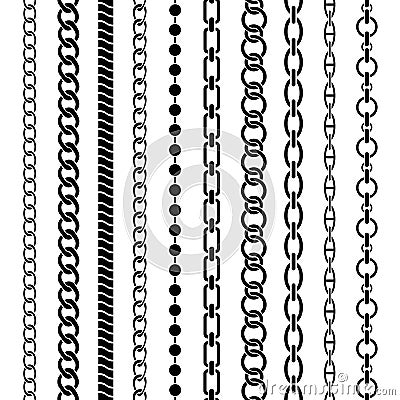 Chain borders. Seamless black chains of different shapes, metal links. Braided ropes, jewelry elements luxury repeating Vector Illustration