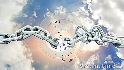 Chain breaking broken sky sun hope freedom background - 3d rendering Stock Photo