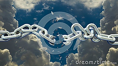 Chain breaking between clouds strees freeedom separation - 3d rendering Stock Photo