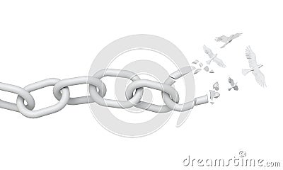 A chain breaking and turning into peace doves. Freedom concept. 3D Rendering Stock Photo