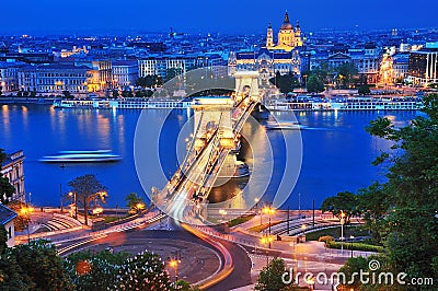 The Chain Bridge in Budapest in the evening. Stock Photo
