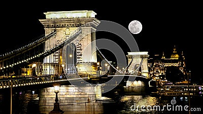 The Chain Bridge in Budapest at Moonrise Stock Photo