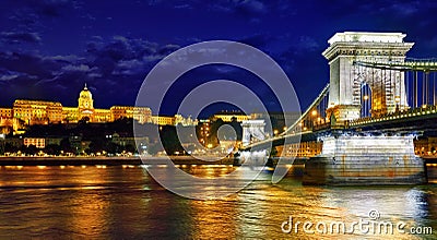 Chain bridge in Budapest nighttime. Stock Photo