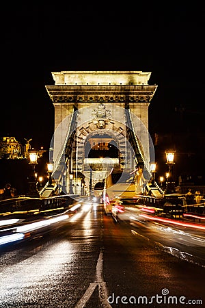 Chain Bridge at night with Light Trails Editorial Stock Photo