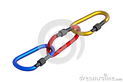 Chain of carabiners isolated on white background Stock Photo