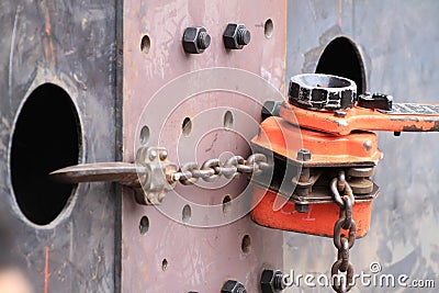 Chain lever hoist fixed plate joint for girder Stock Photo