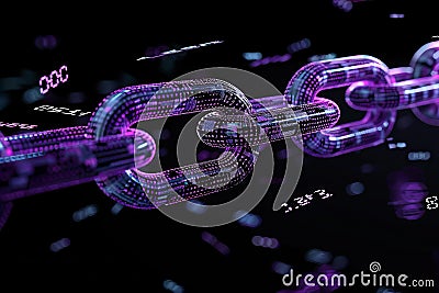 Of a chain made from binary code, with a purple color on a black background, in the cyberpunk style, low poly and techy, with Cartoon Illustration