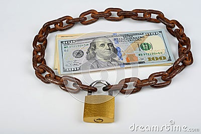 Chain with padlock around cash money. Safe deposit concept Stock Photo