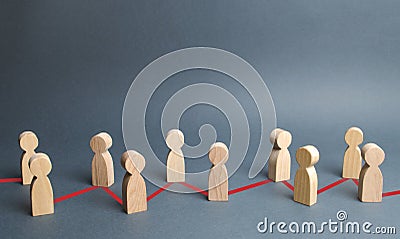 Chain of people figurines connected by red lines. Cooperation and interaction between people and employees. Dissemination Stock Photo