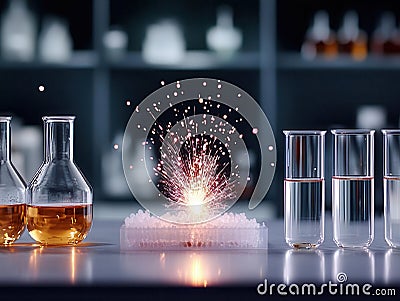 A chain reaction in a lab experiment, starting with a single spark, emphasizing the sequence of events, reaction action chain Stock Photo