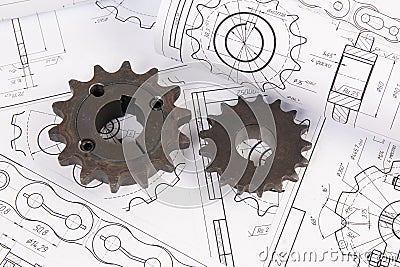 Chain sprockets on a paper engineering drawings Stock Photo