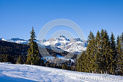 The Chaine des Aravis in the snowy mountain in Europe, France, Rhone Alpes, Savoie, Alps, in winter, on a sunny day Stock Photo