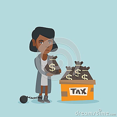 Chained business woman with bags full of taxes. Vector Illustration