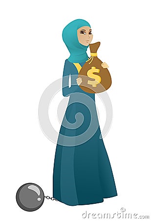 Chained business woman with bag full of taxes. Vector Illustration