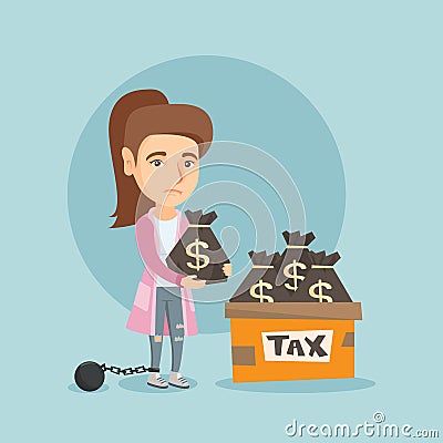Chained business woman with bags full of taxes. Vector Illustration