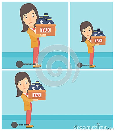 Chained business woman with bags full of taxes. Vector Illustration