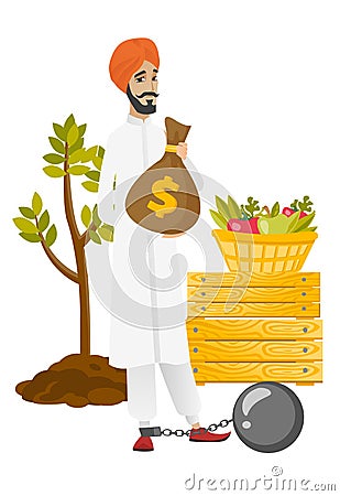 Chained hindu farmer holding a money bag. Vector Illustration