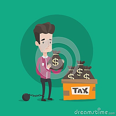 Chained man with bags full of taxes. Vector Illustration