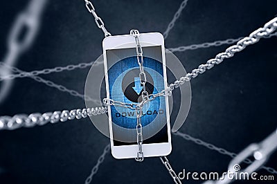 Chained smartphone with download symbol. Stock Photo