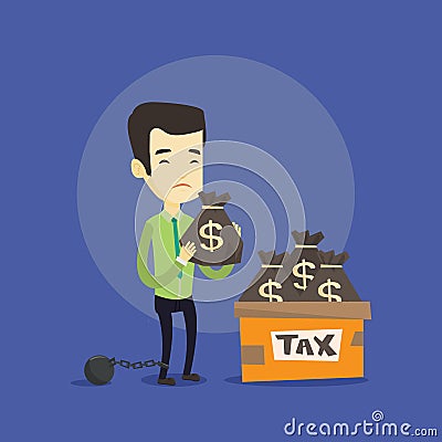 Chained taxpayer with bags full of taxes. Vector Illustration