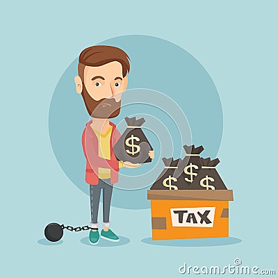 Chained taxpayer with bags full of taxes. Vector Illustration