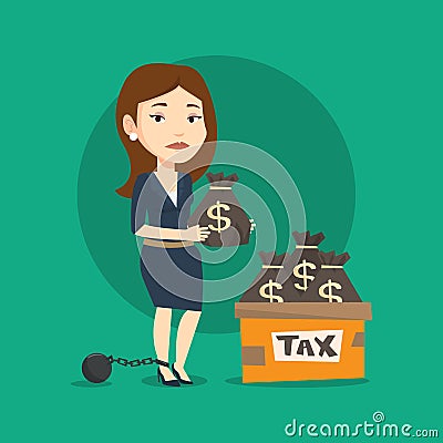 Chained woman with bags full of taxes. Vector Illustration