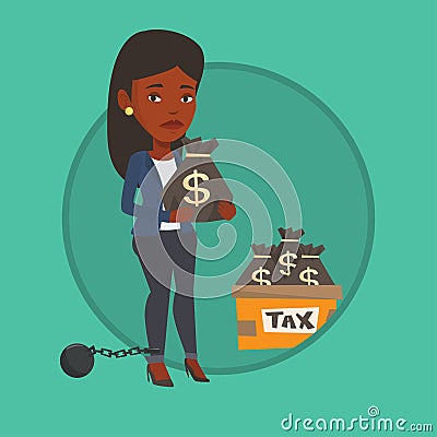 Chained woman with bags full of taxes. Vector Illustration